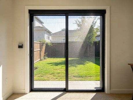 Custom retractable roller screen door installed on a patio doorway