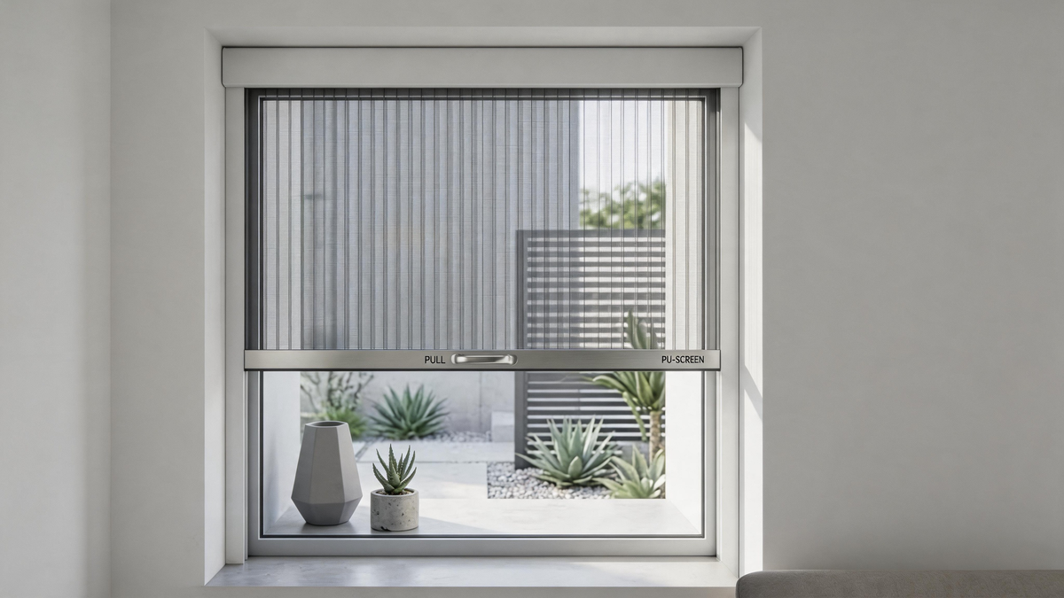Double pleated insect screen doors in a bright living room overlooking a garden