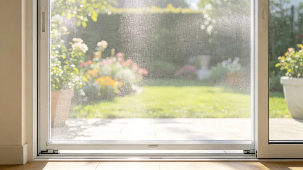 Close-up of fine retractable insect screen mesh with garden view