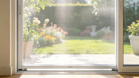 Close-up of fine retractable insect screen mesh with garden view
