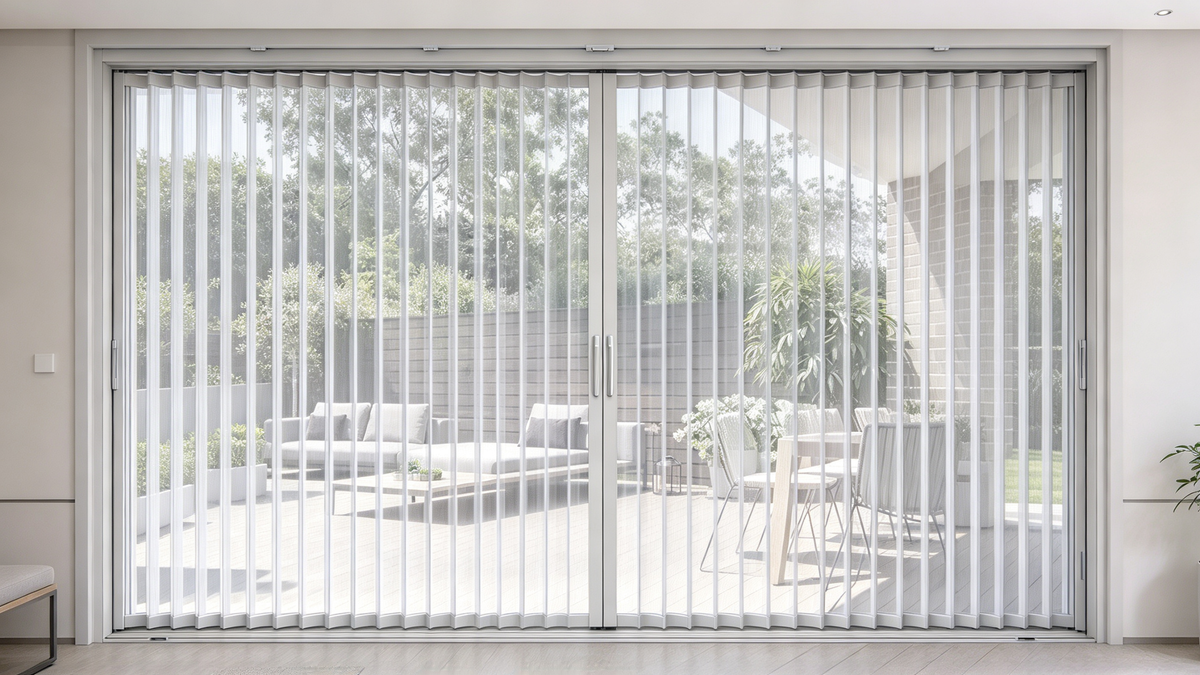 Folding accordion screen door for a wide patio opening