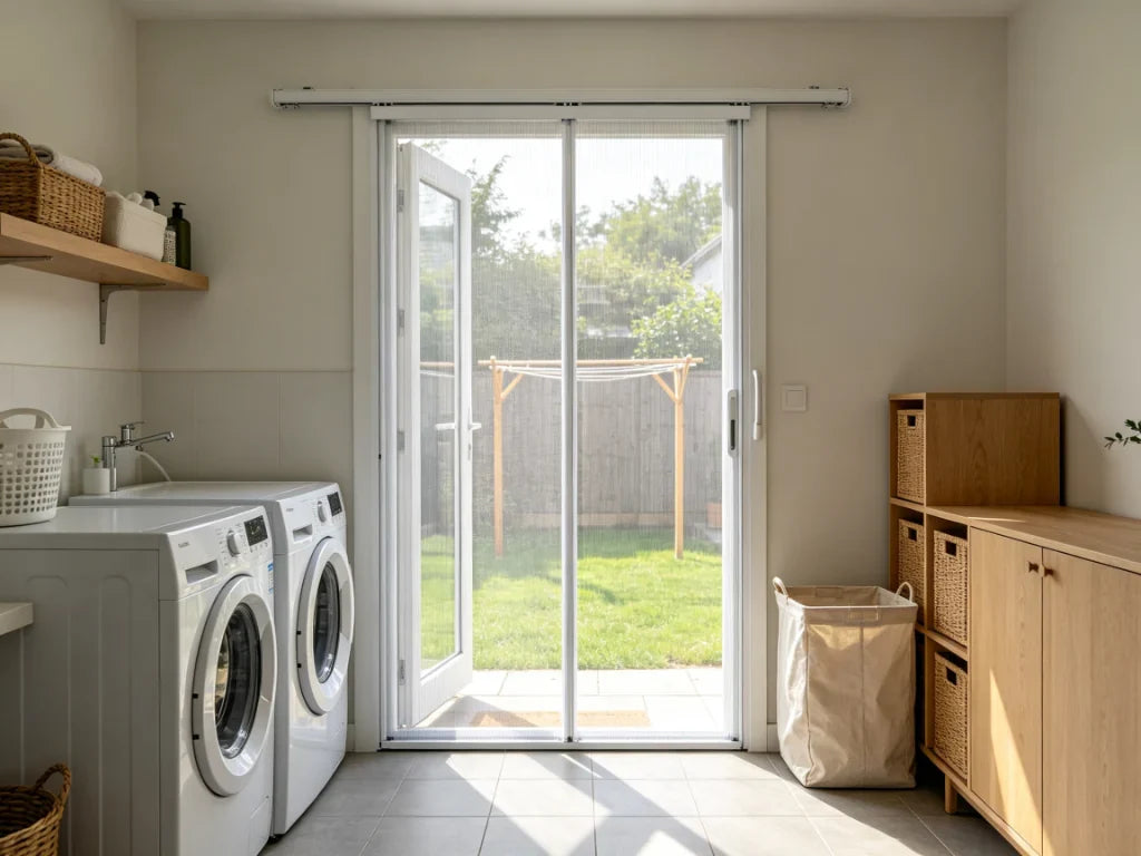 Retractable insect screen installed on a laundry room back door