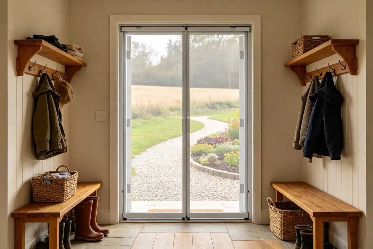 Retractable insect screen on a mudroom back entry door