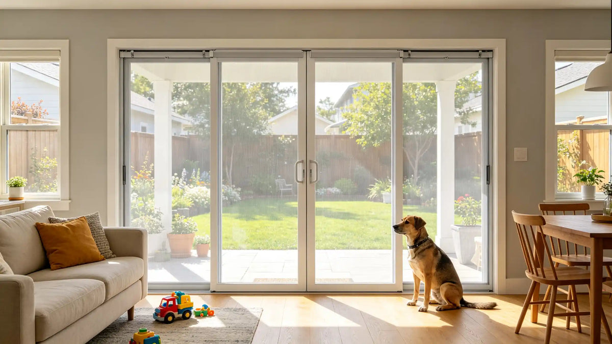 Pet friendly retractable screen door in a family home
