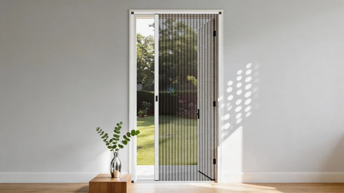 Pleated retractable screen door installed on a modern home entry