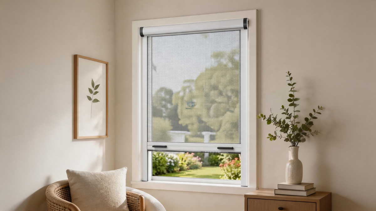 Pull-down window insect screen in a bedroom overlooking a garden