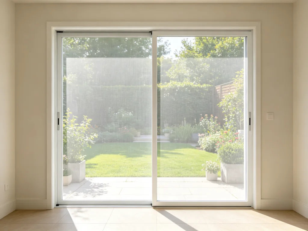 Retractable insect screen installed on a wide door opening with garden view