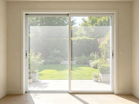 Retractable insect screen installed on a wide door opening with garden view