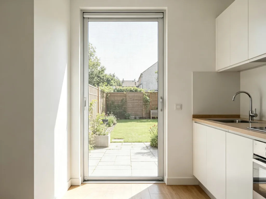 Close-up of a roller insect screen for single door with fine mesh and aluminum frame